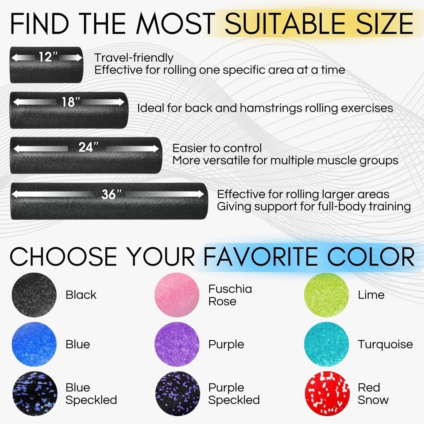 High-Density EPP round Back Roller Foam, Exercise Foam Roller for Yoga, Pilates & Stretching - 12, 18, 24, 36 Inch