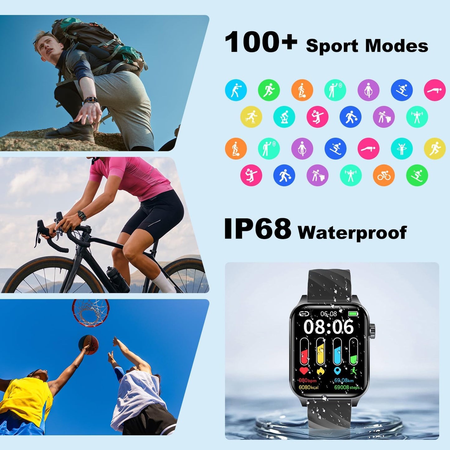 Fitness Tracker (Answer/Make Calls), 1.85" Smart Watch with 24/7 Heart Rate, Blood Oxygen Monitor, Sleep Tracker, 100+ Sport Mode, IP68 Waterproof Activity Tracker, Compatible with Ios & Android,Black