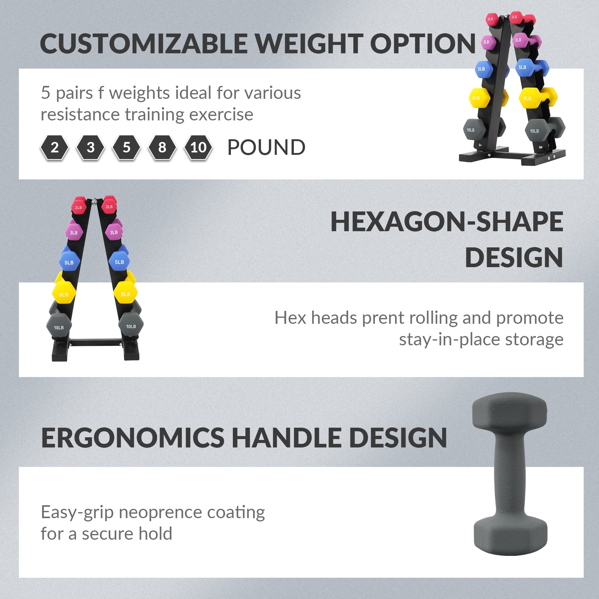 Dumbbell Set with Stand (2Lbs, 3Lbs, 5Lbs, 8Lbs, 10Lbs Set)