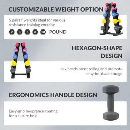 Dumbbell Set with Stand (2Lbs, 3Lbs, 5Lbs, 8Lbs, 10Lbs Set)