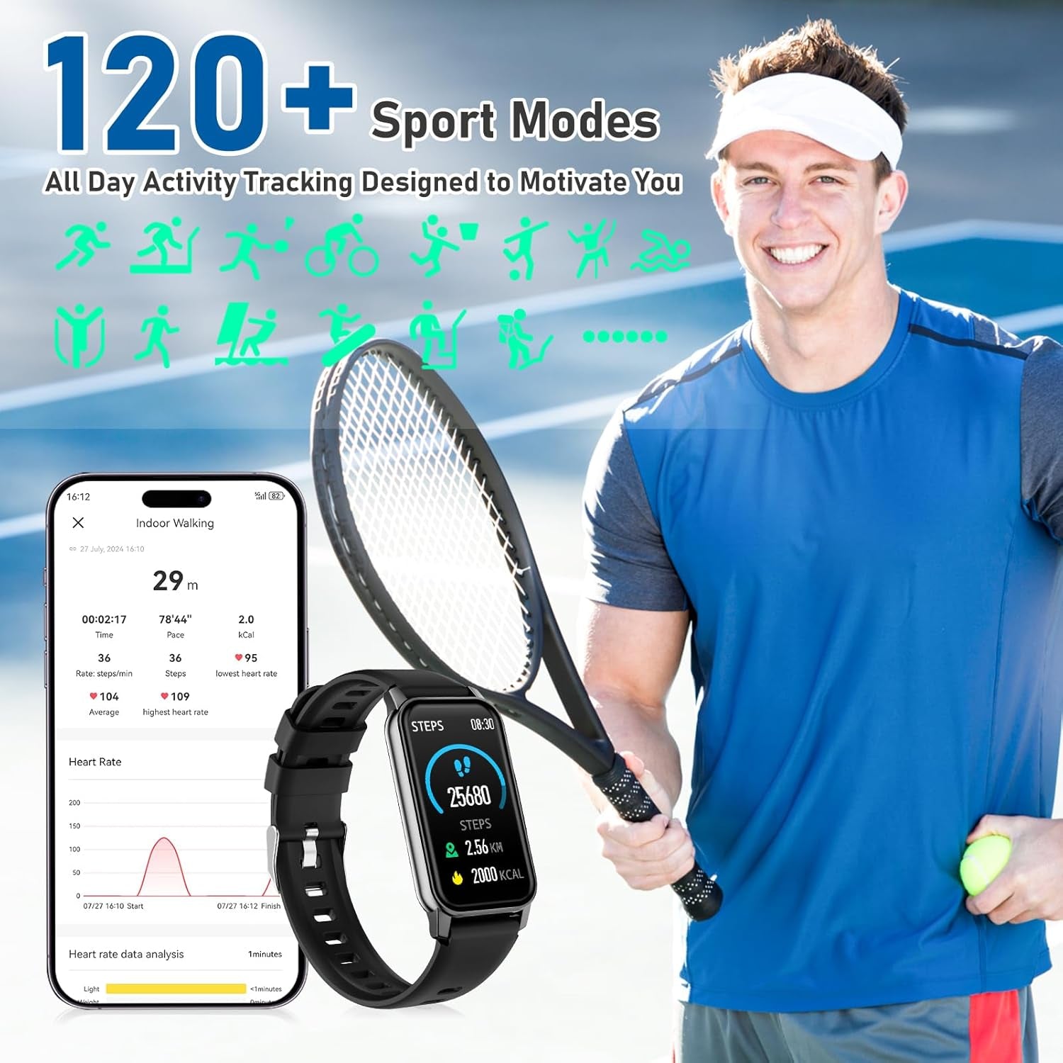 Health Fitness Tracker, Smart Watch with 24/7 Heart Rate Blood Pressure Sleep Monitor,126 Sports Modes,Ip68 Waterproof Step Calorie Counter Pedometer Activity Trackers for Android&Iphone Women Bla