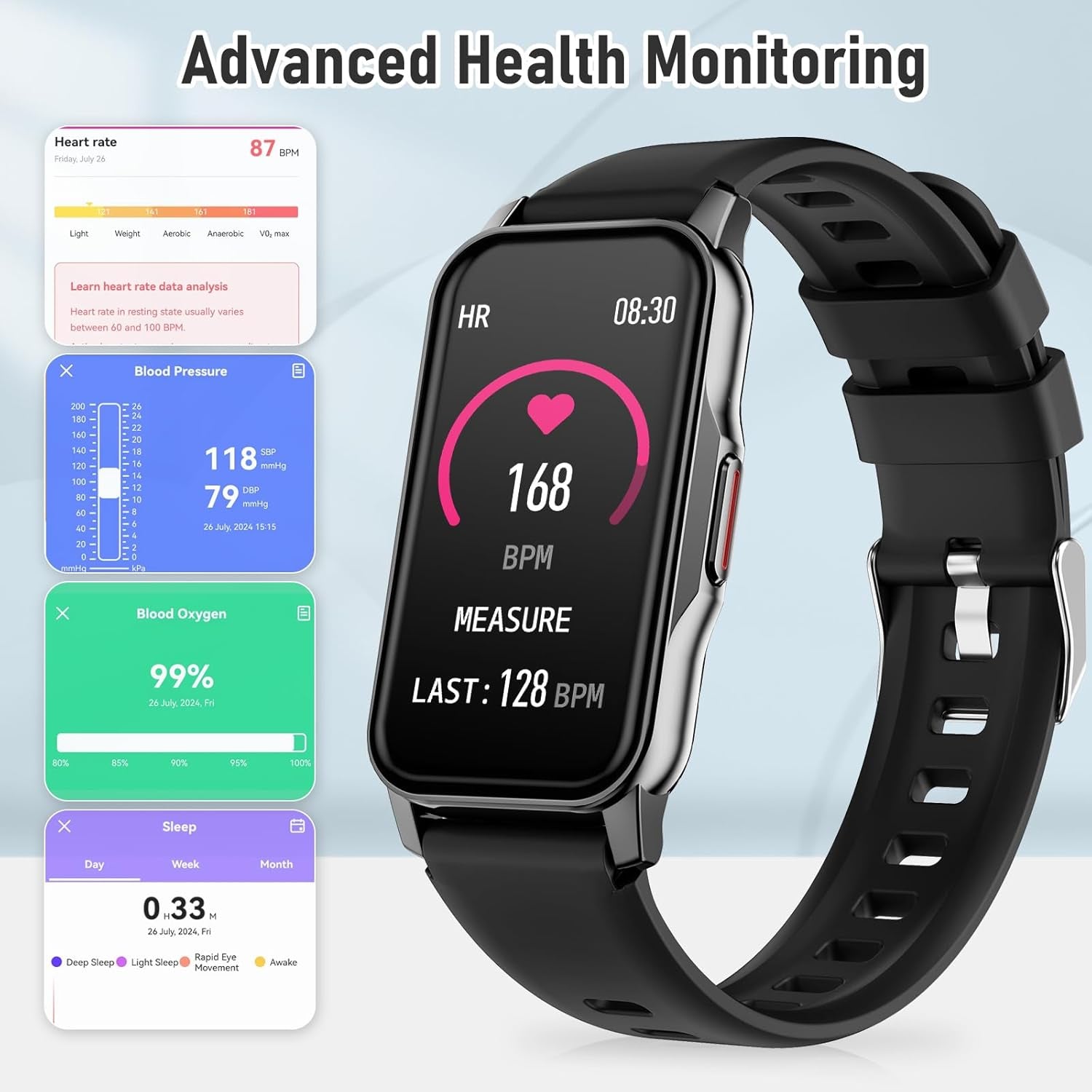 Health Fitness Tracker, Smart Watch with 24/7 Heart Rate Blood Pressure Sleep Monitor,126 Sports Modes,Ip68 Waterproof Step Calorie Counter Pedometer Activity Trackers for Android&Iphone Women Bla