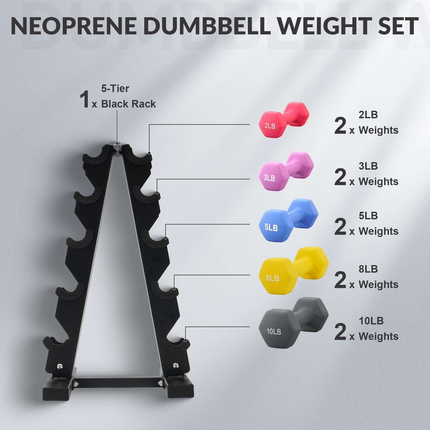 Dumbbell Set with Stand (2Lbs, 3Lbs, 5Lbs, 8Lbs, 10Lbs Set)