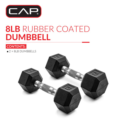 Barbell, 8Lb Coated Rubber Hex Dumbbell, Pair